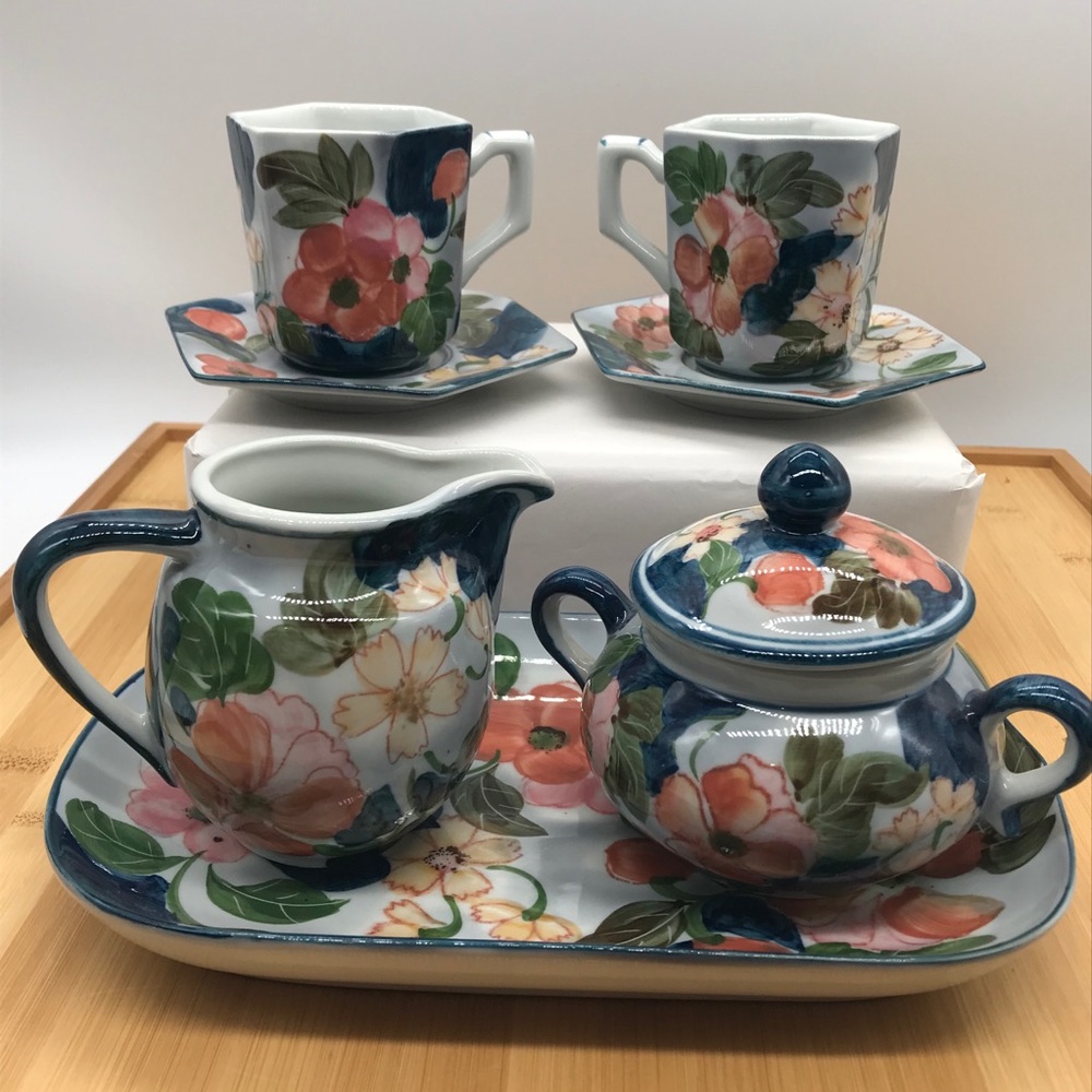 Tea Set Cups Creamer Sugar Bowl Plater Floral 8 Piece Set Handcrafted